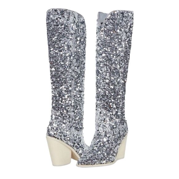 Steve Madden hi heel Boots Tyrus silver Sequin - Picture 1 of 10